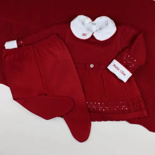 Saída De Maternidade Feminina Bebê Tricô 7 Peças Helena - ACOMPANHA BODY PERSONALIZADO Vermelha