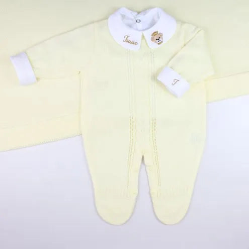 Saída De Maternidade Masculina Bebê Tricô 5 Peças Londres - ACOMPANHA BODY PERSONALIZADO Amarelo