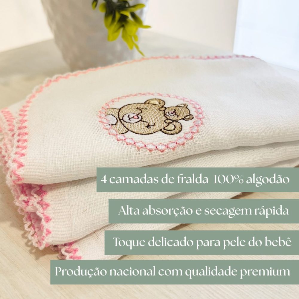 Kit Fralda de Boca Premium Bordada - Urso Bege