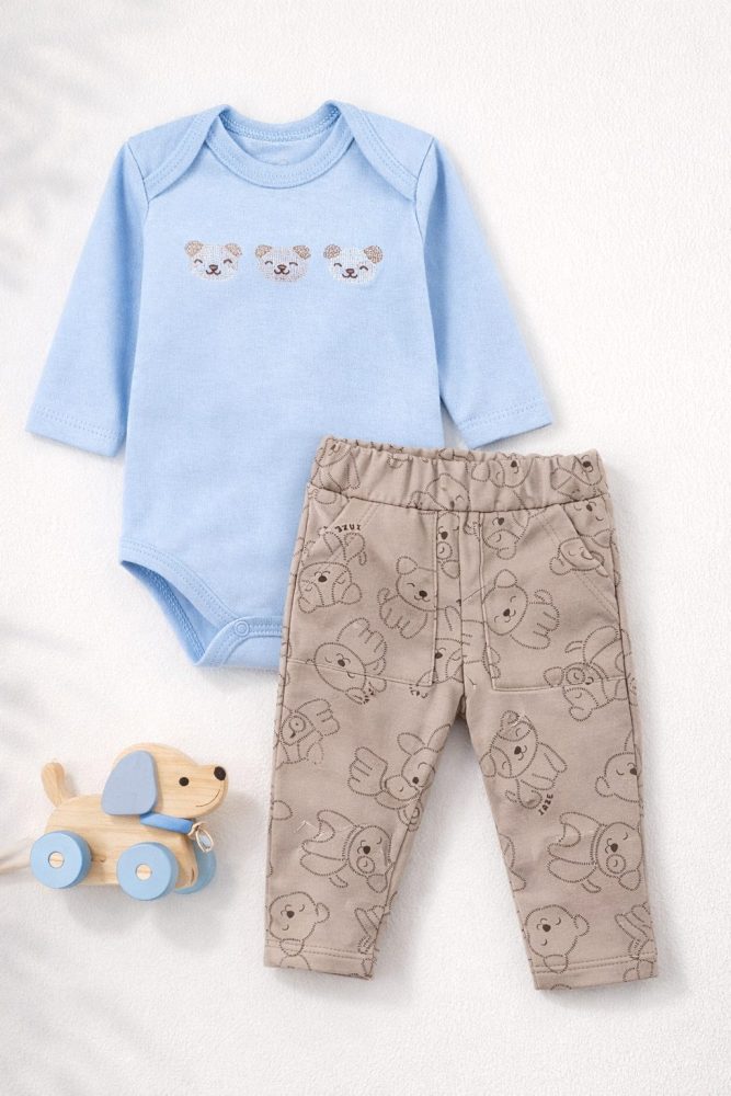 Conjunto Bebê Body Azul Bordado Cachorrinhos Com Calça Bege