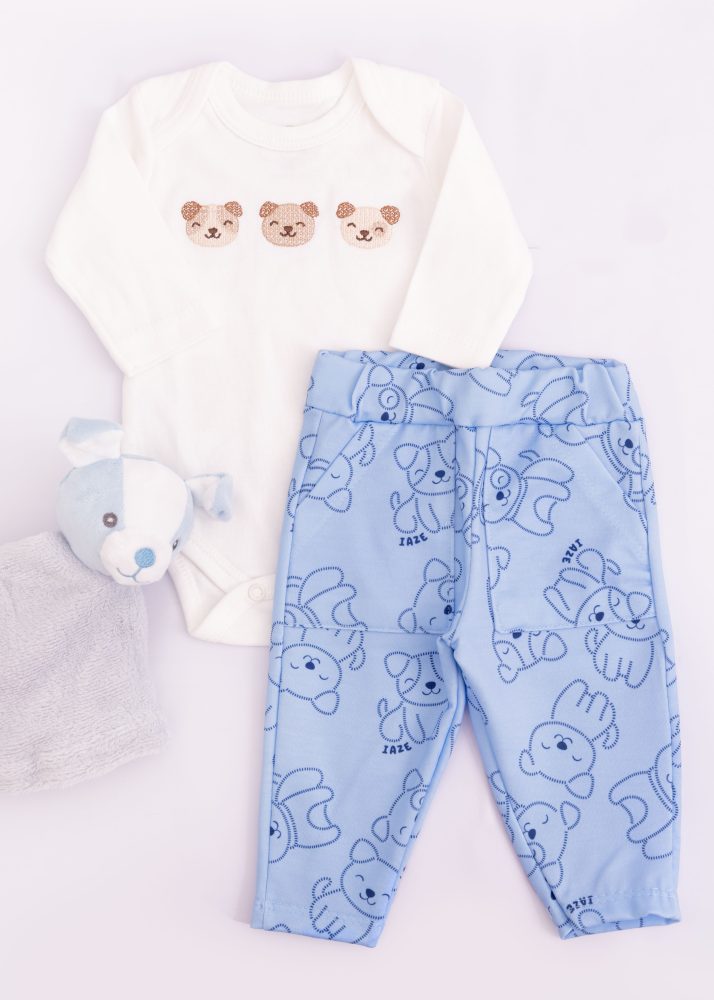 Conjunto Bebê Body Off Bordado Cachorrinhos Com Calça Azul