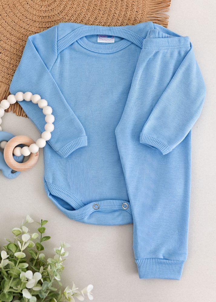 Conjunto Body Bebê Pagão Canelado Longo - Azul