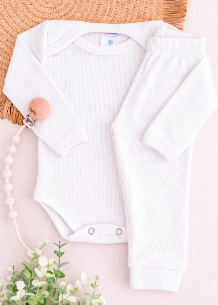 Conjunto Body Bebê Pagão Canelado Longo - Branco