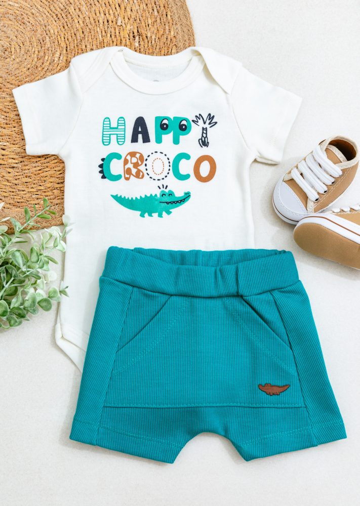 Conjunto Bebê Body e Short Happy Croco