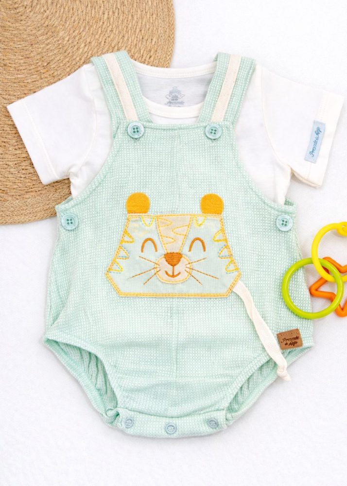 Conjunto Romper Bebê Verde Com Bordado Leão