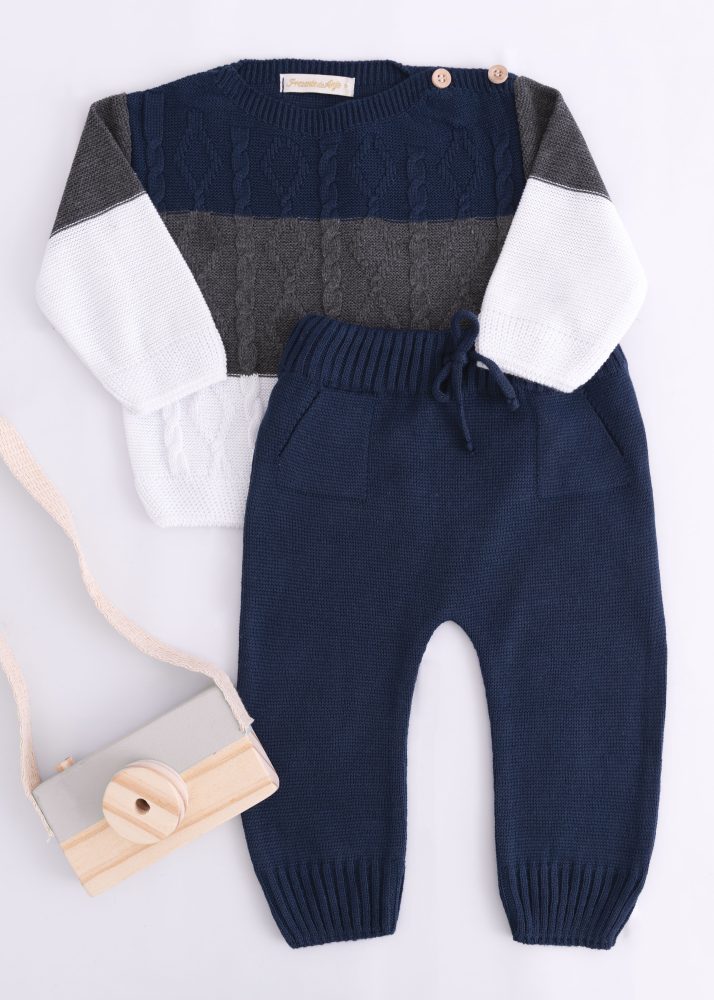 Conjunto de Tricô Bebê Casaco Listrado Com Calça Marinho