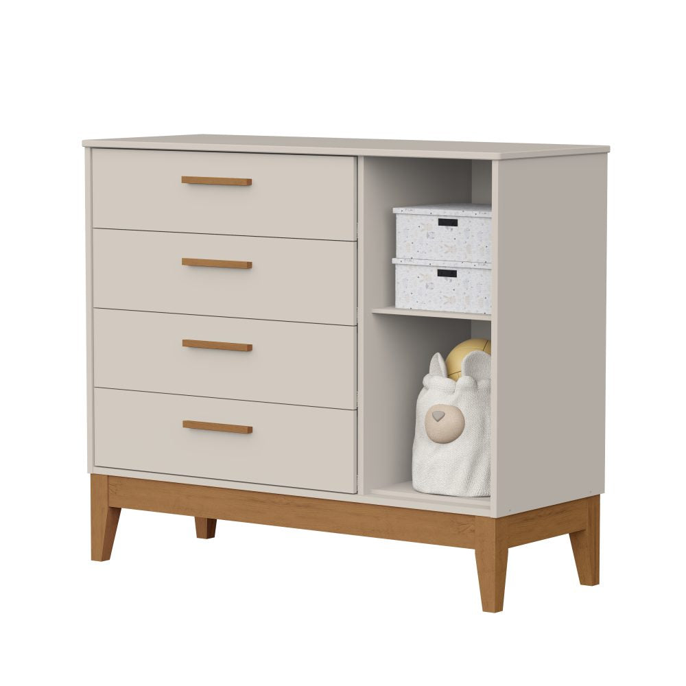 Quarto de Bebê Flip Reller | Guarda-Roupa 4 Portas, Cômoda e Berço - Areia Fosco