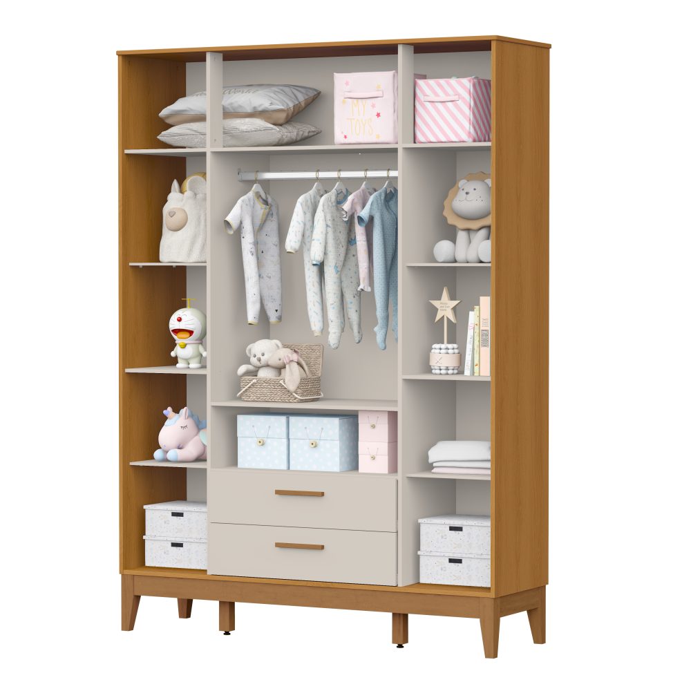 Quarto de Bebê Flip Reller | Guarda-Roupa 4 Portas, Cômoda e Berço - Areia Fosco Com Savana