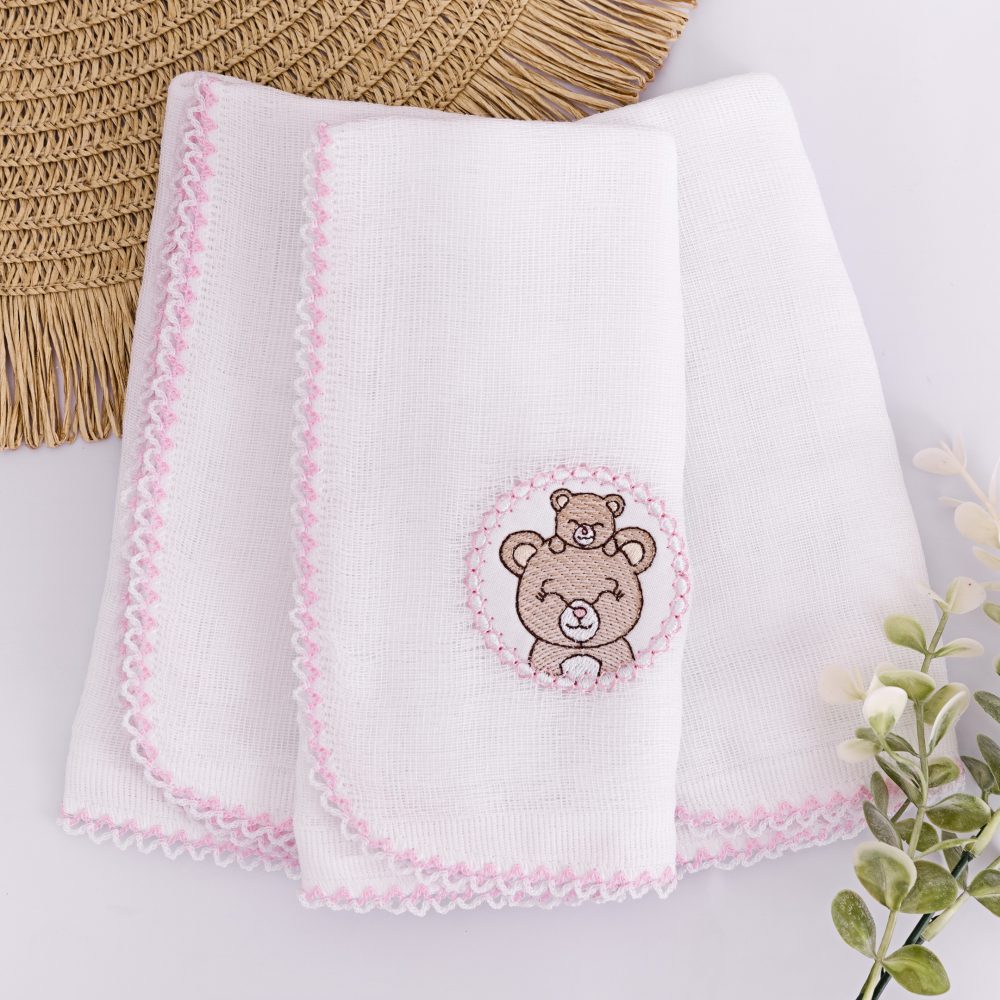Kit Fralda de Boca Premium Bordada - Mamãe Ursa Rose
