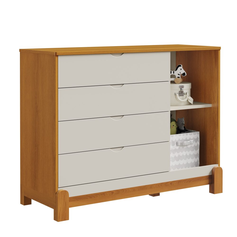 Quarto de Bebê Lotus Reller | Guarda-Roupa 4 Portas, Cômoda Sapateira e Berço - Areia Com Savana