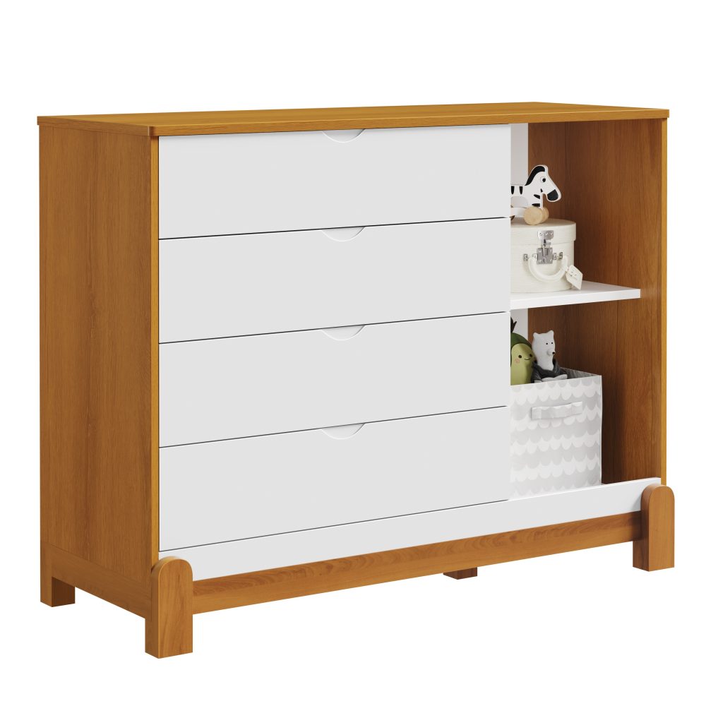 Quarto de Bebê Lotus Reller | Guarda-Roupa 4 Portas, Cômoda Sapateira e Berço- Branco com Savana