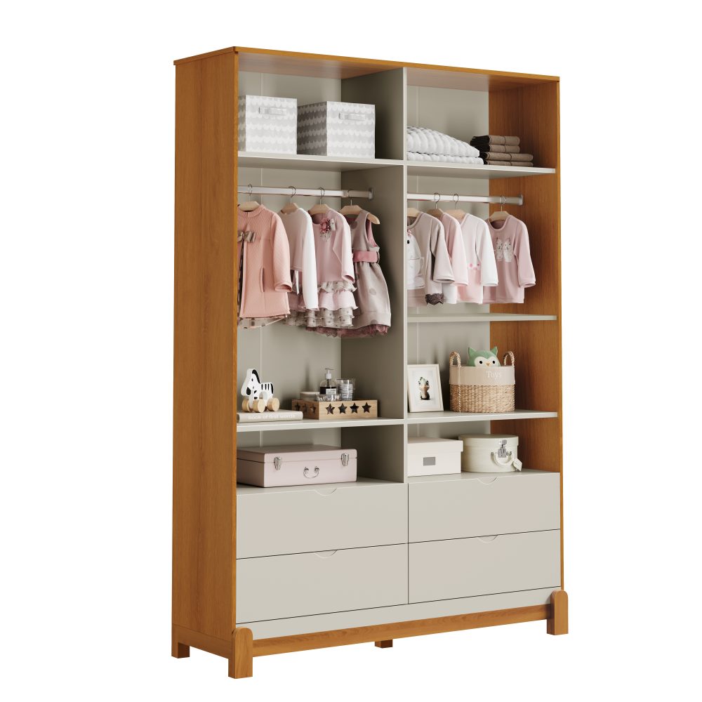 Quarto de Bebê Lotus Reller | Guarda-Roupa 4 Portas, Cômoda e Berço - Areia Fosco Com Savana