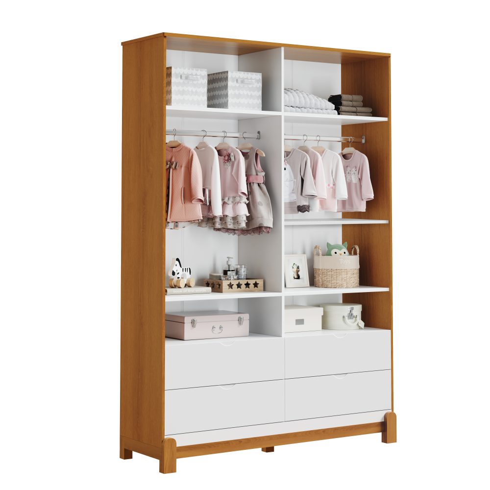 Quarto de Bebê Lotus Reller | Guarda-Roupa 4 Portas, Cômoda Sapateira e Berço- Branco com Savana