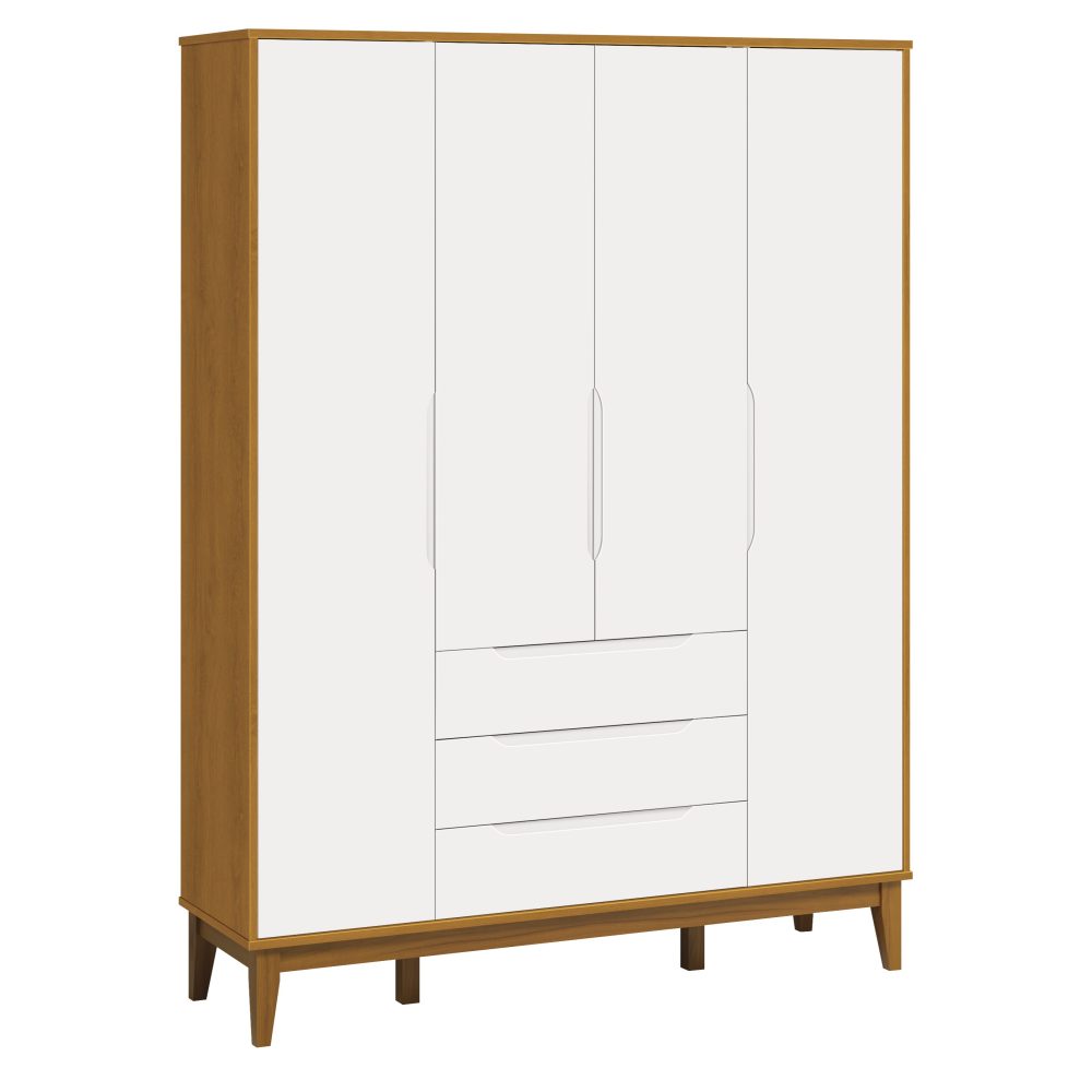 Quarto de Bebê Elfe Classic Reller | Guarda-Roupa 4 Portas, Cômoda e Berço Noah - Branco Fosco com Savana