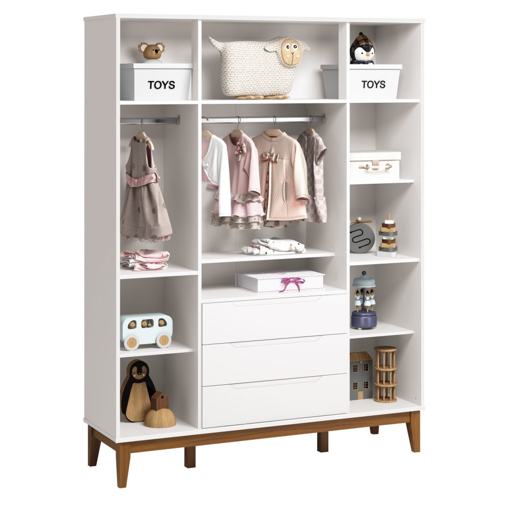 Quarto de Bebê Elfe Classic Reller | Guarda-Roupa 4 Portas, Cômoda e Berço Noah Wood - Branco Fosco