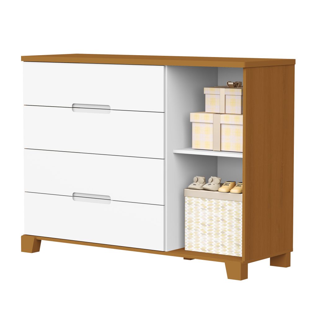 Quarto de Bebê Luna Max Reller | Guarda-Roupa 4 Portas, Cômoda e Berço Evolutivo - Branco Fosco Com Savana