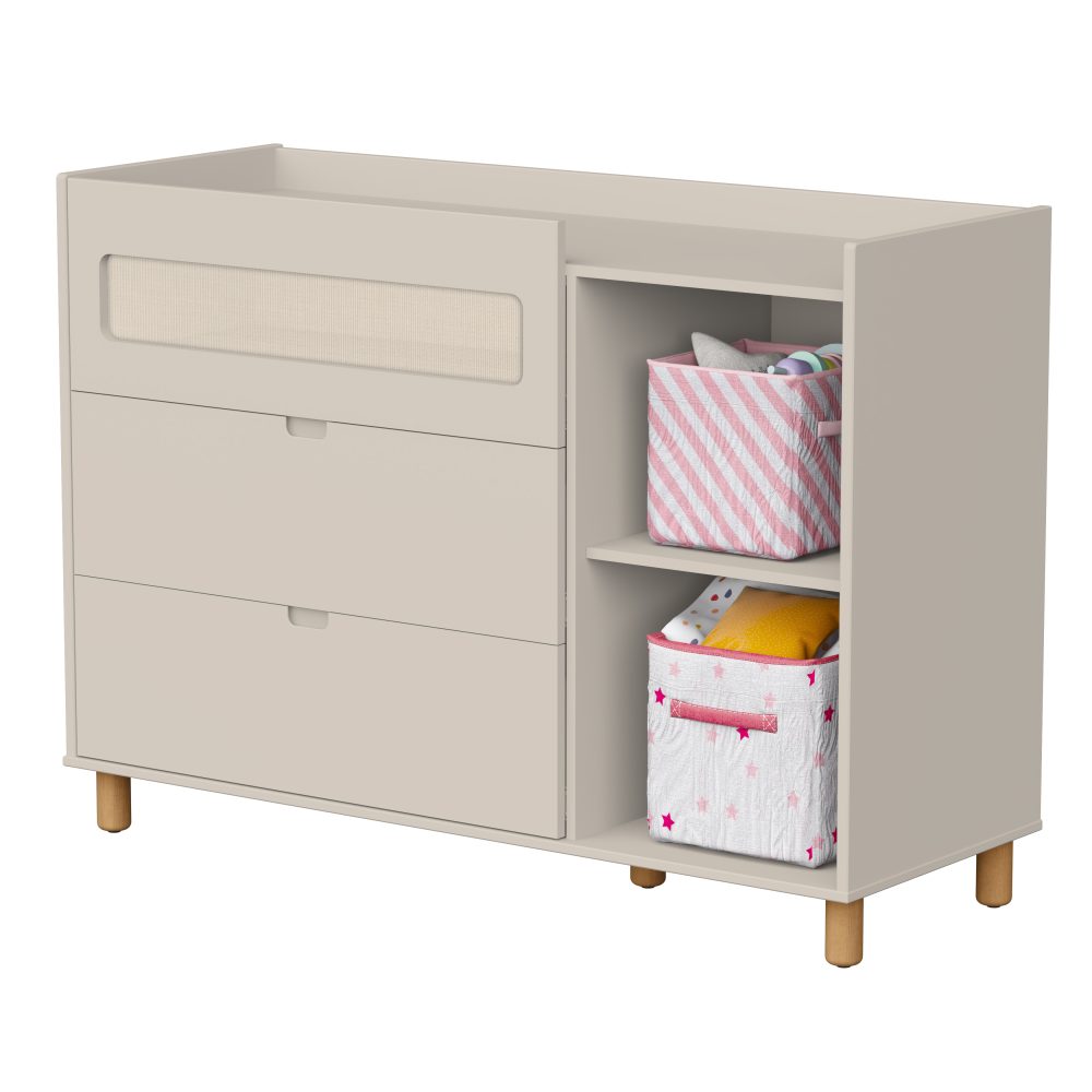 Quarto de Bebê Ollie Reller | Guarda-Roupa 4 Portas, Cômoda e Berço - Areia Fosco