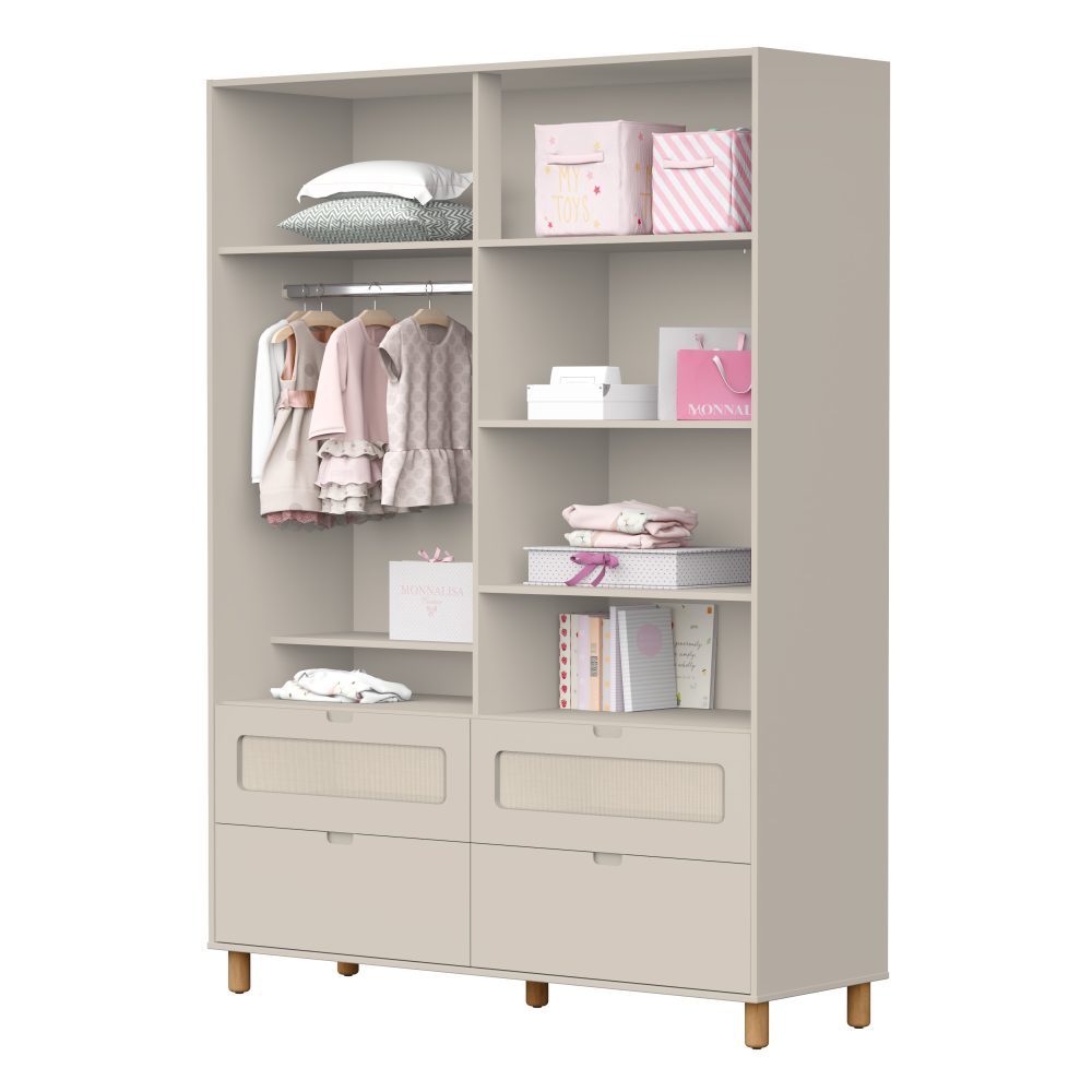 Quarto de Bebê Ollie Reller | Guarda-Roupa 4 Portas, Cômoda e Berço - Areia Fosco