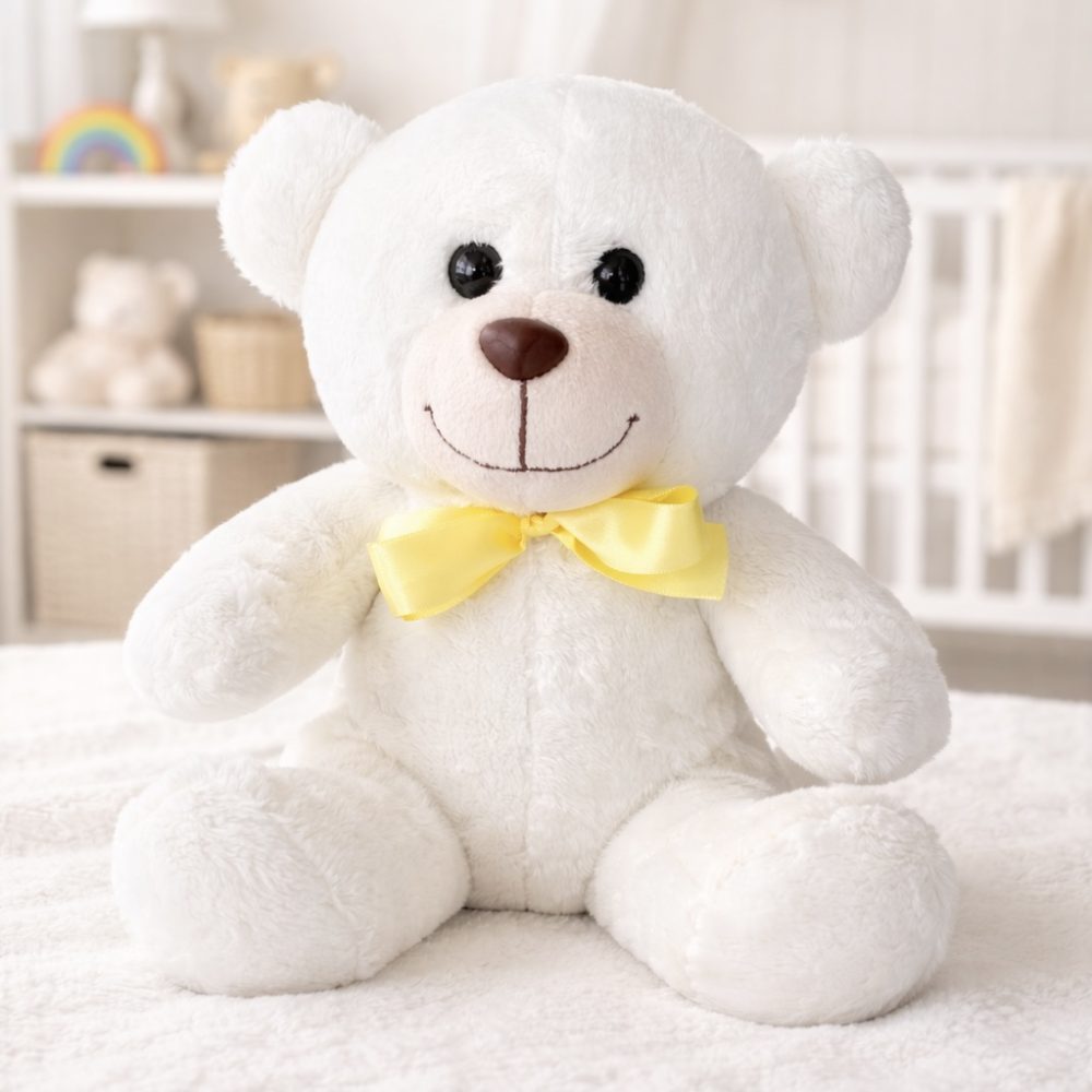 Pelúcia Ursinho Grande Branco Decorativo Laço Amarelo