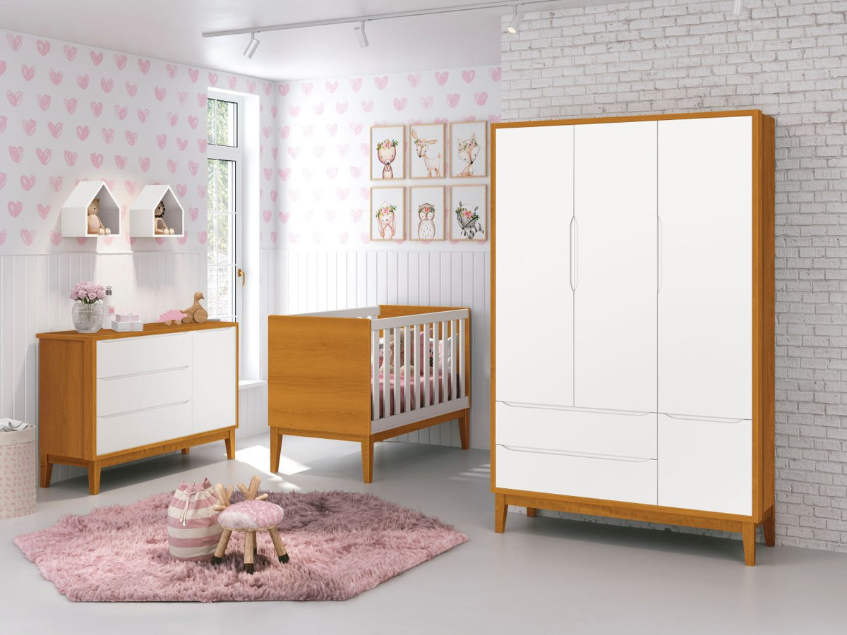 Quarto de Bebê Classic Reller | Guarda-Roupa 3 Portas, Cômoda e Berço - Branco Fosco com Savana
