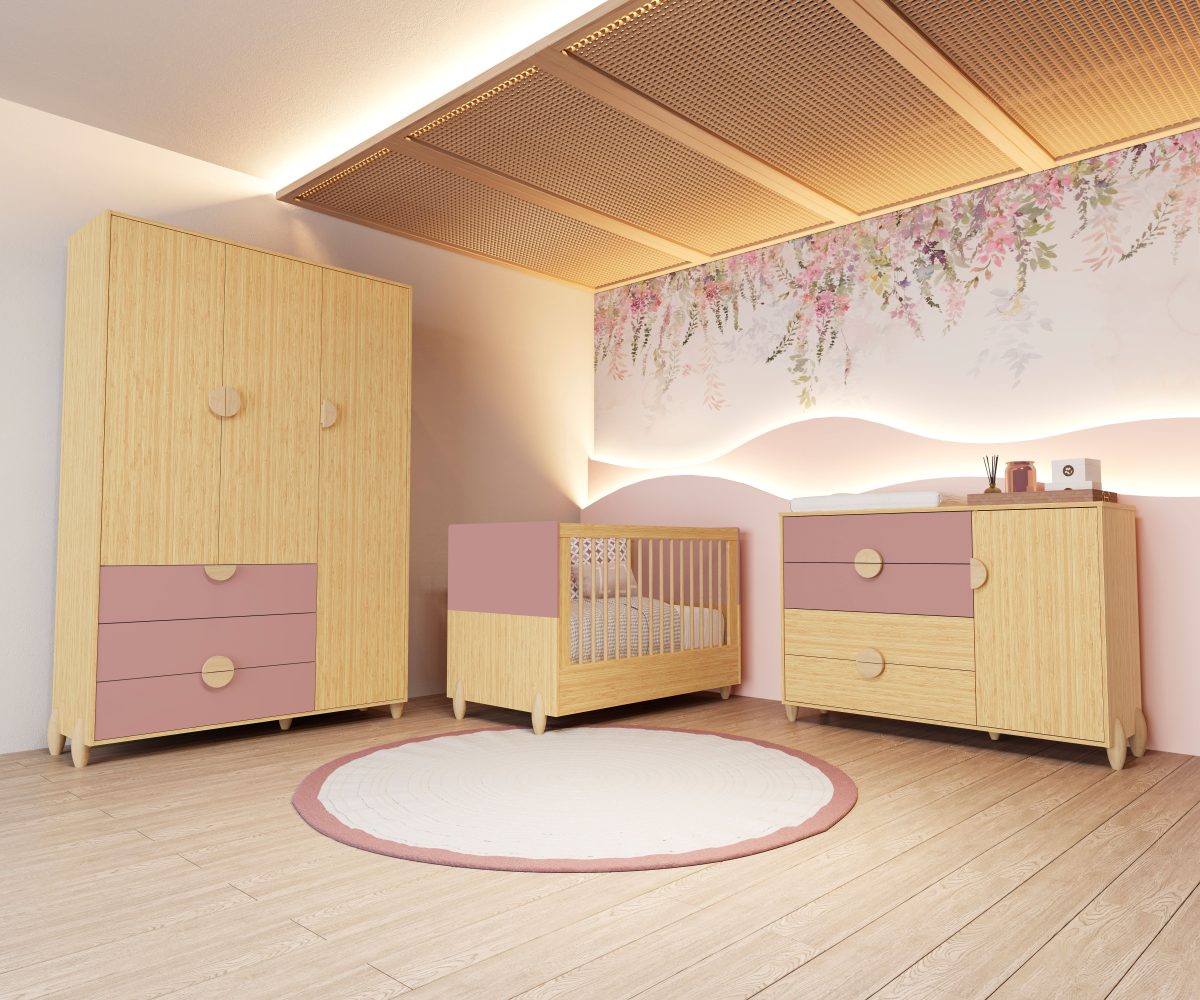 Quarto de Bebê Gracia Reller | Guarda-Roupa 3 Portas, Cômoda e Berço - Rosê Naturale