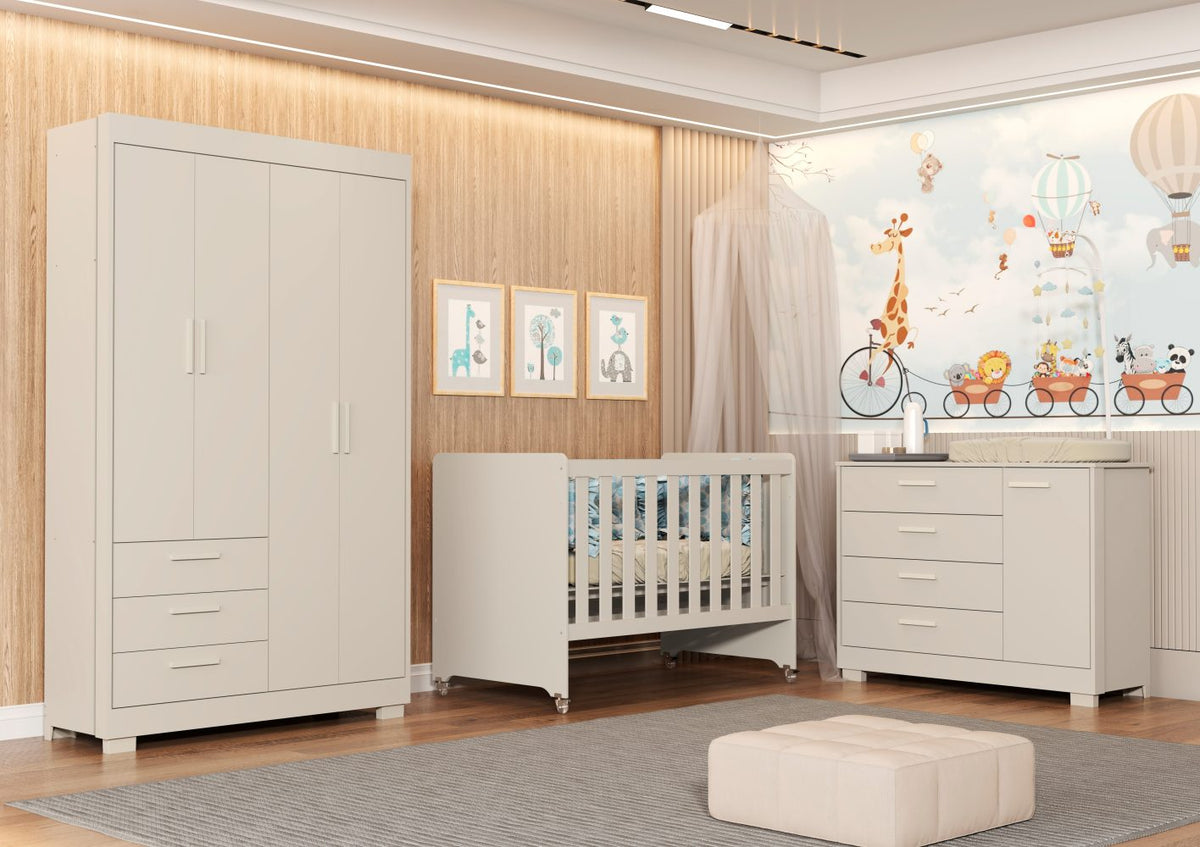 Quarto de Bebê Zaki Reller | Guarda-Roupa 4 Portas, Cômoda e Berço Evolutivo - Areia Fosco