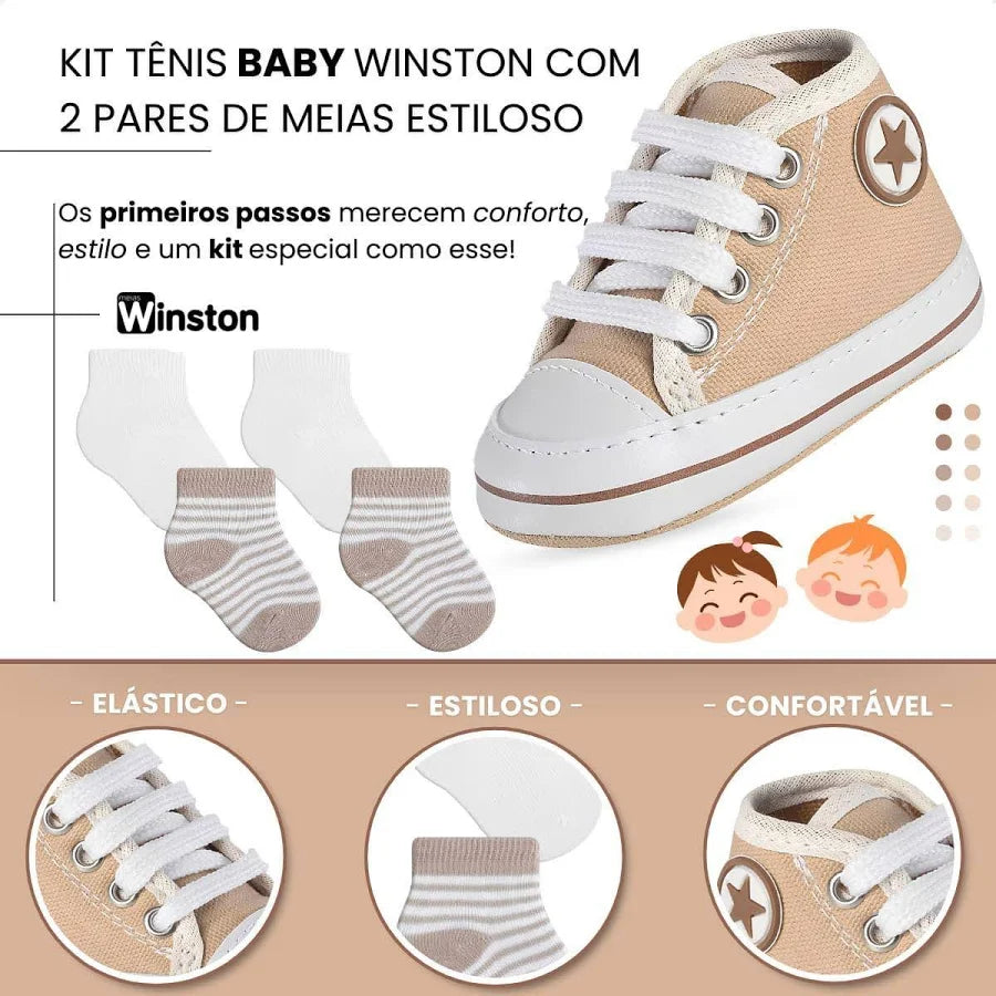 Kit Tênis Branco Bebê Winston Com Meias