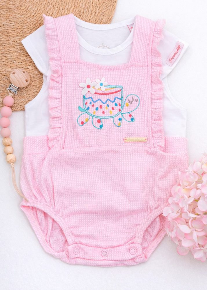 Conjunto Romper Bebê Rosa Com Bordado Tartaruga
