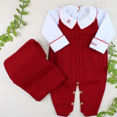 Saída De Maternidade Masculina Bebê Tricô Caio 7 Peças - ACOMPANHA BODY PERSONALIZADO Vermelho