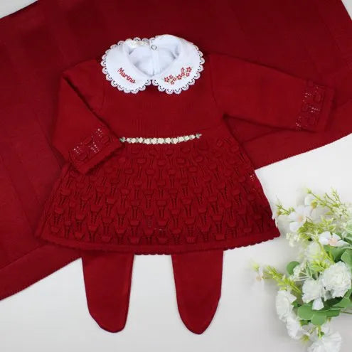 Saída De Maternidade Feminina Bebê Tricô 7 Peças Maitê - ACOMPANHA BODY PERSONALIZADO Vermelha