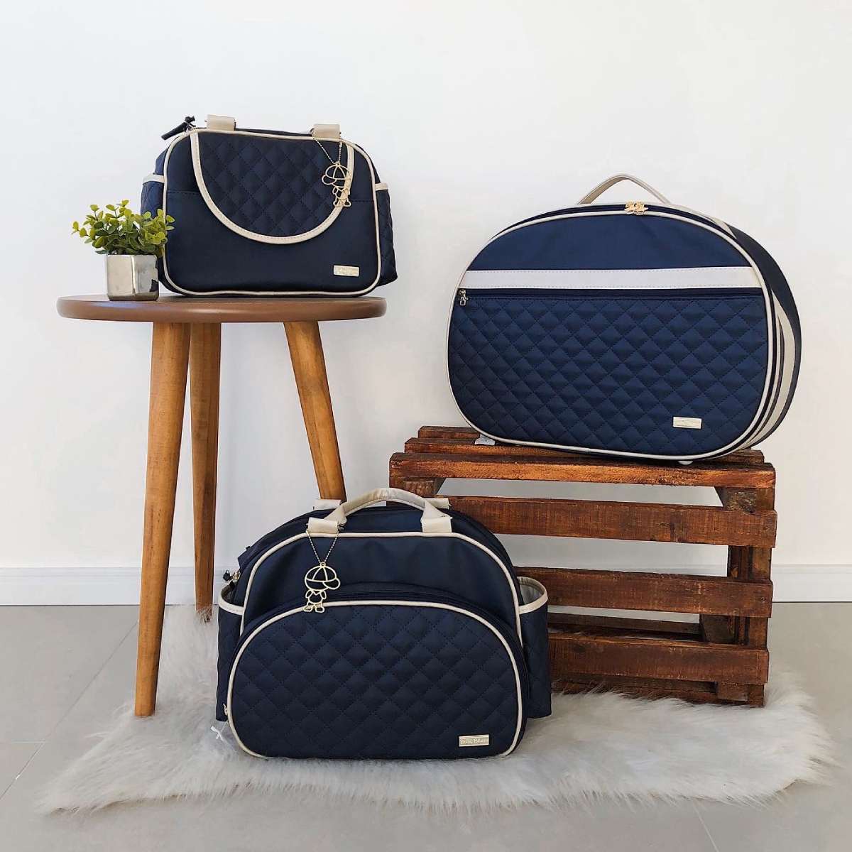 Kit Bolsa Luxo - 3 Peças Azul Marinho e Branco