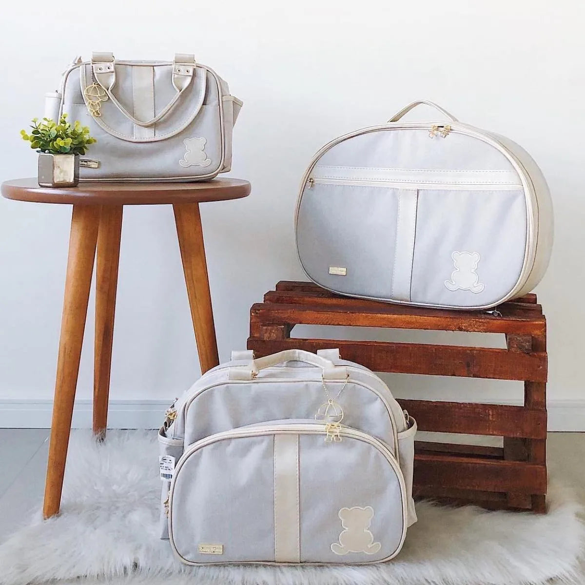 Kit Bolsa Luxo - 3 Peças Cinza com Branco