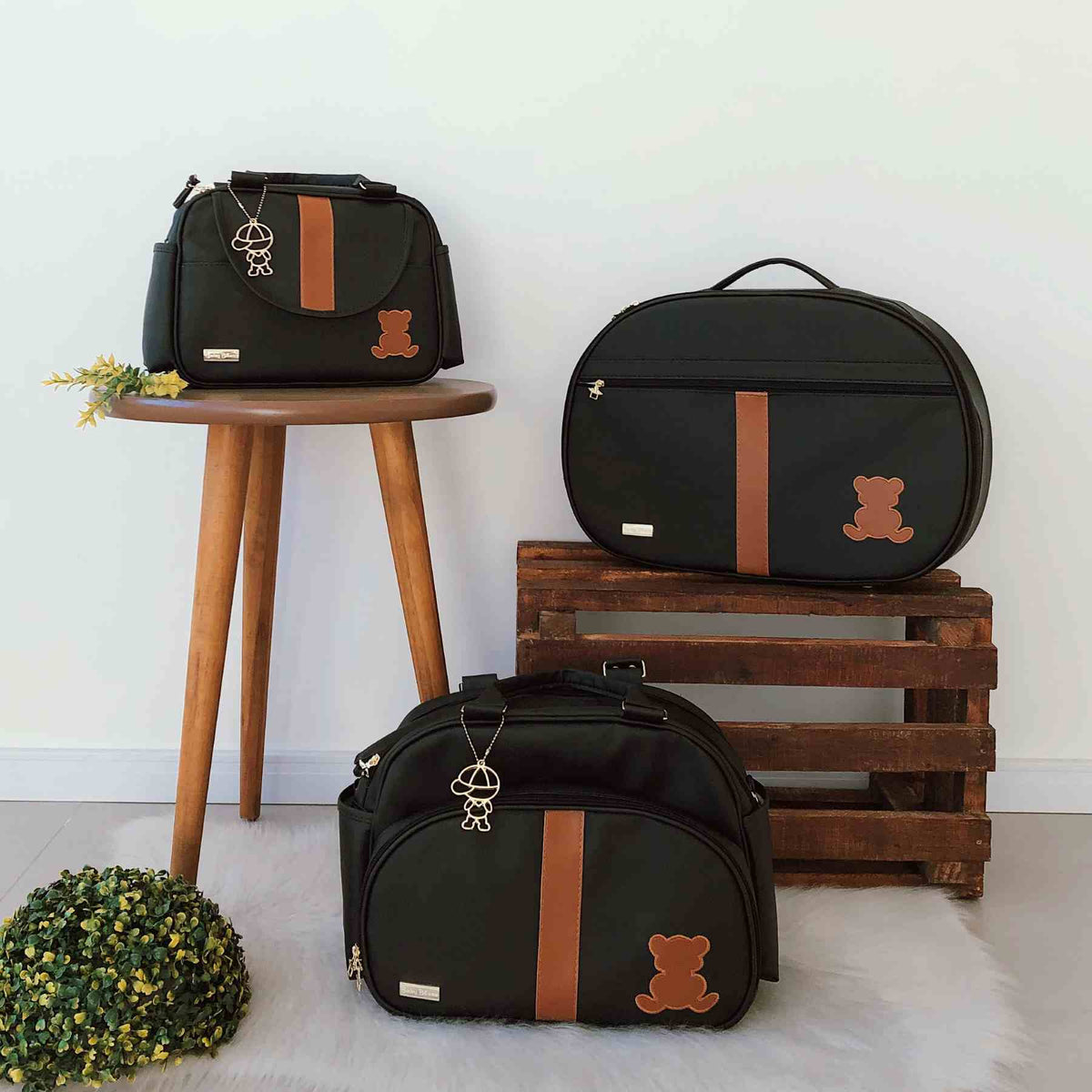 Kit Bolsa Luxo - 3 Peças Preto e Caramelo
