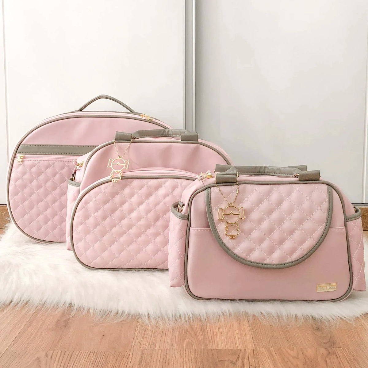 Kit Bolsa Luxo - 3 Peças Rosa com Cinza