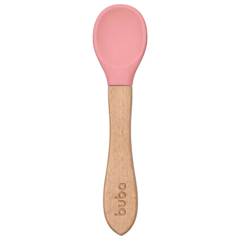 Colher Infantil de Silicone Rosa com Cabo de Bambu Buba