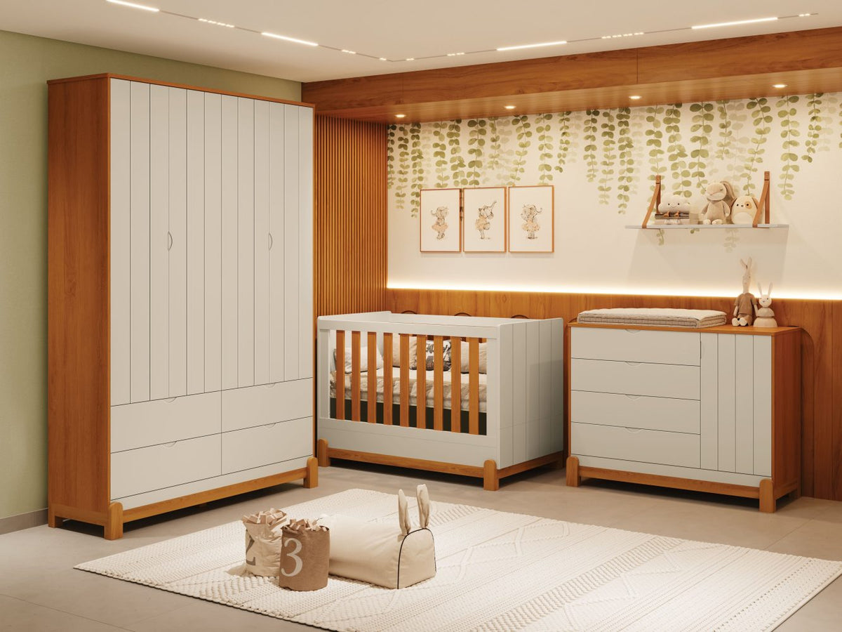 Quarto de Bebê Lotus Reller | Guarda-Roupa 4 Portas, Cômoda Sapateira e Berço - Areia Com Savana