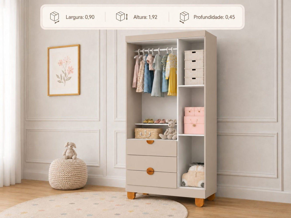 Quarto de Bebê Apolo Basic | Guarda-Roupa 3 Portas, Cômoda e Berço Reller - Areia Fosco