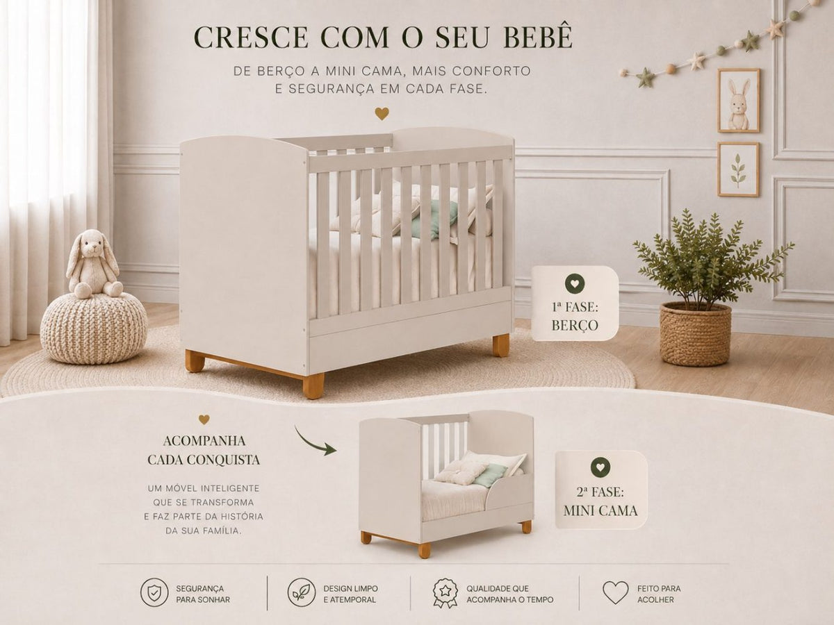 Quarto de Bebê Apolo Basic | Guarda-Roupa 3 Portas, Cômoda e Berço Reller - Areia Fosco