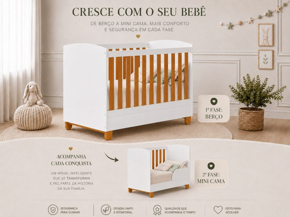 Quarto de Bebê Apolo Basic | Guarda-Roupa 3 Portas, Cômoda e Berço Reller - Branco Fosco Com Savana