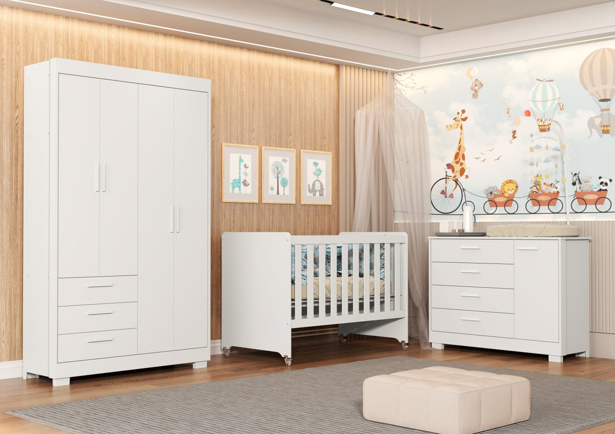 Quarto de Bebê Zaki Reller | Guarda-Roupa 4 Portas, Cômoda e Berço Evolutivo - Branco Fosco