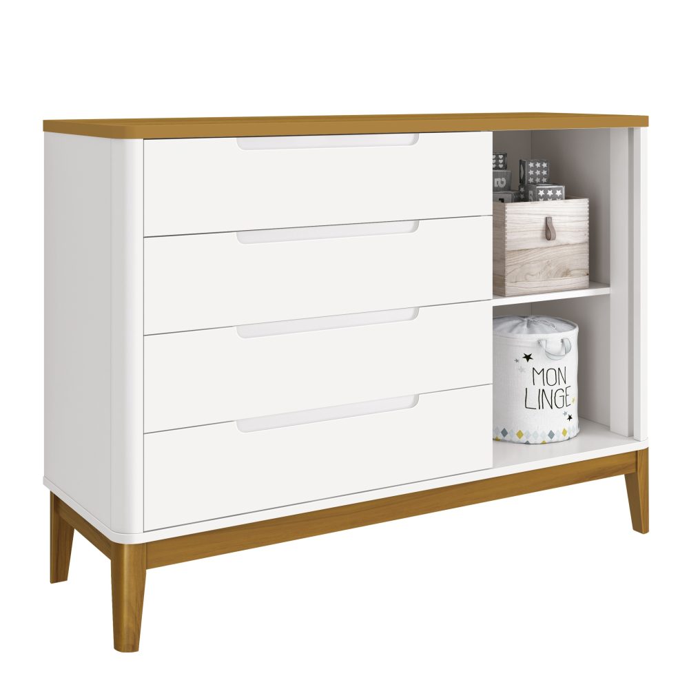 Quarto de Bebê Boom Slim Classic | Guarda-Roupa 3 Portas, Cômoda e Berço Reller - Branco Fosco com Savana