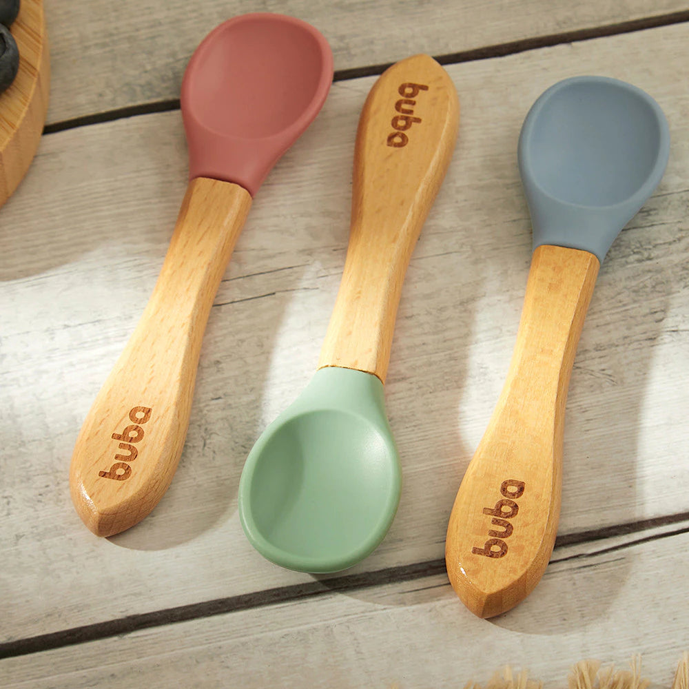Colher Infantil de Silicone Verde com Cabo de Bambu Buba