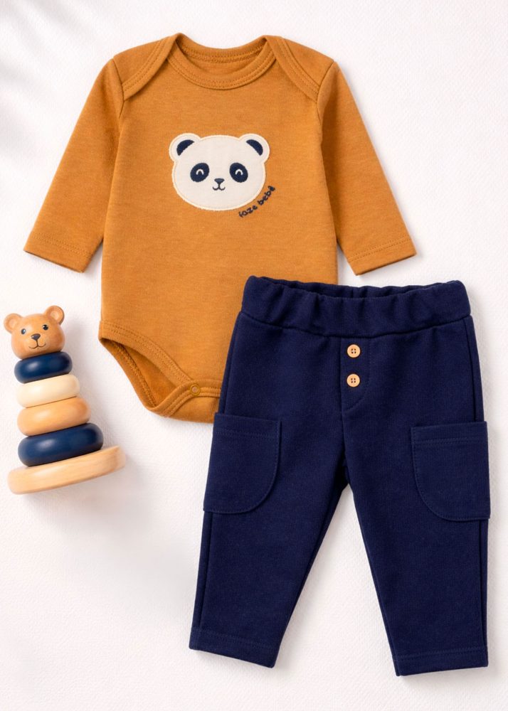 Conjunto Bebê Body Caramelo Com Bordado Panda e Calça Marinho