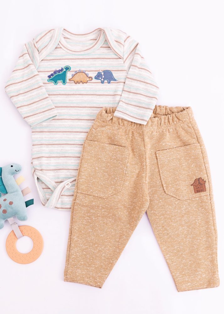 Conjunto Bebê Body Listrado Bordado Dino Com Calça Botonê