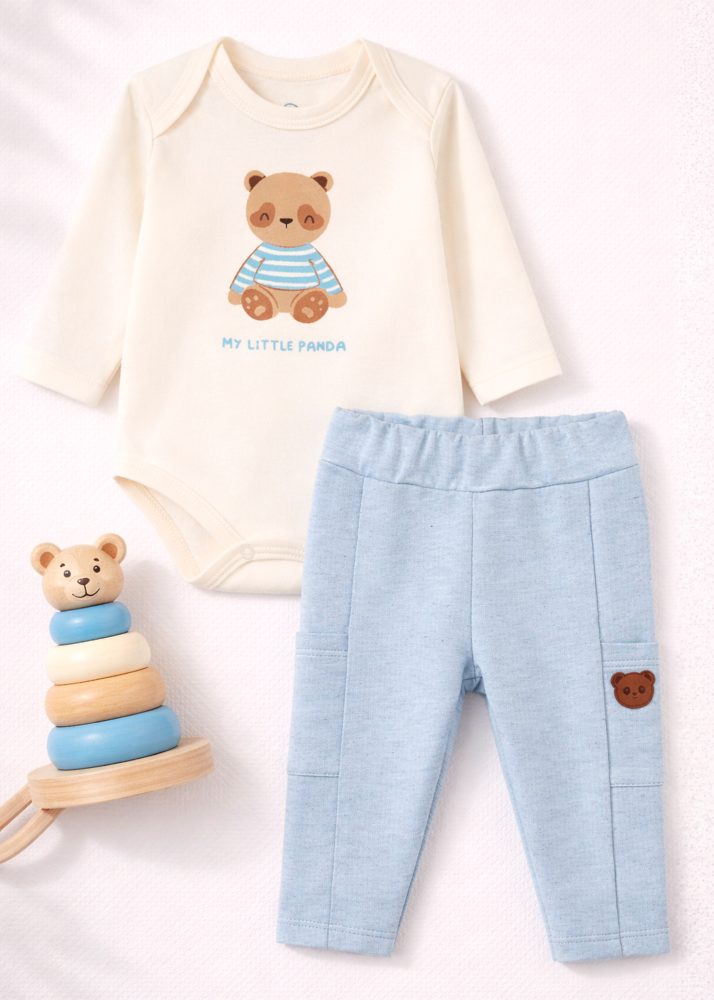Conjunto Bebê Body My Little Panda e Calça Linho Azul