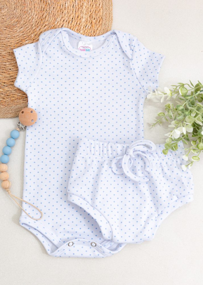 Conjunto Bebê Body e Tapa Fralda Canelado - Poá Azul