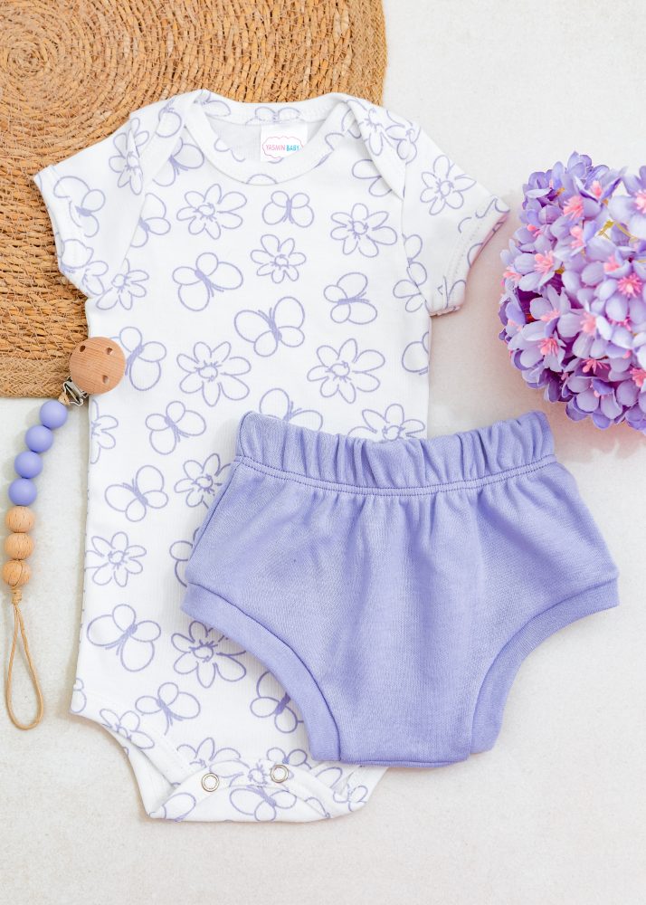 Conjunto Bebê Body e Tapa Fralda Suedine - Jardim Borboletas