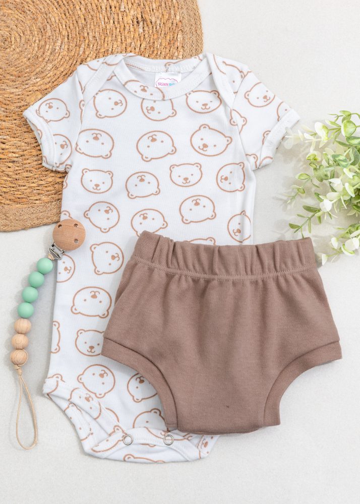 Conjunto Bebê Body e Tapa Fralda Suedine - Ursinho Neutro