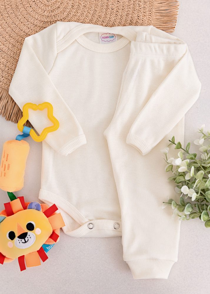Conjunto Body Bebê Pagão Canelado Longo - Off White