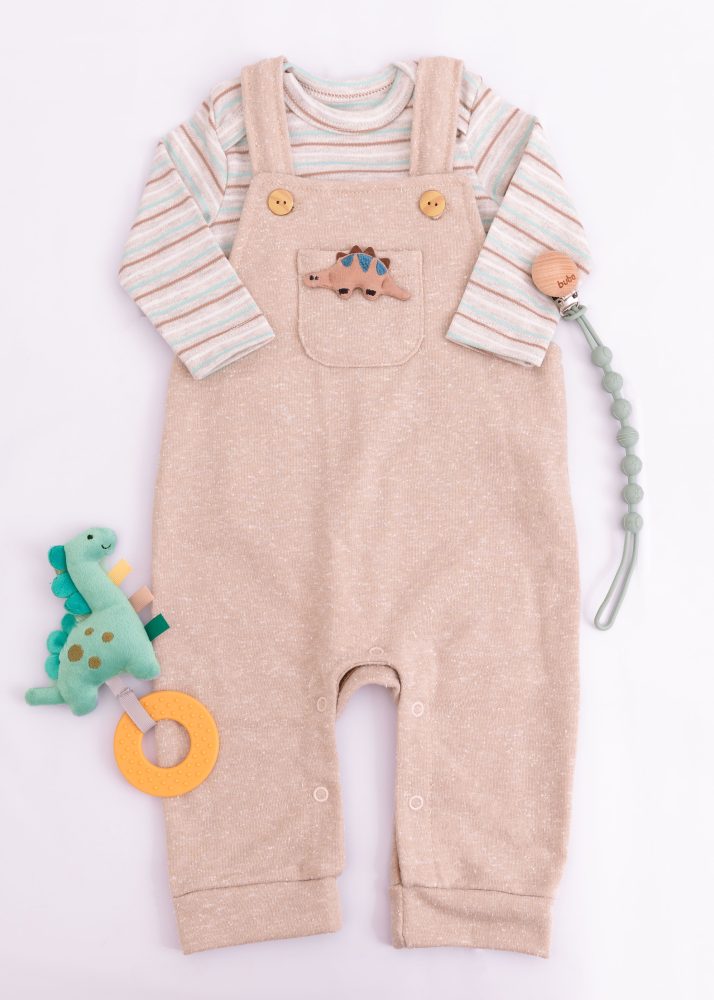 Conjunto Jardineira Botonê Dino Com Blusa Listrada em Algodão